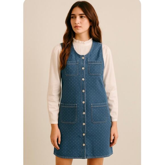 Vintage 90s Denim Polka Dot Boxy Apron Dress Classic Preppy 90s Minimalist - Picture 3 of 10